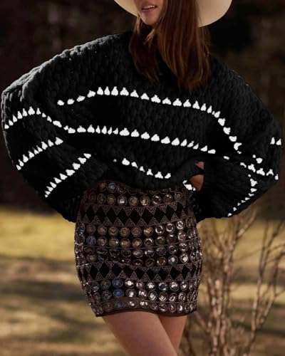 Saodimallsu Womens Oversized Sweaters Striped Long Lantern Sleeve Crew Neck Fall Trendy Knit Pullover Sweater4