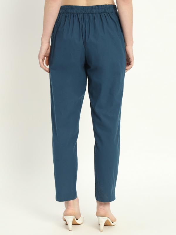 Image of Women's Solid Straight Fit 100% Cotton Trousers | High Waist, Side Pockets, Ankle Length Pants for Office, Casual