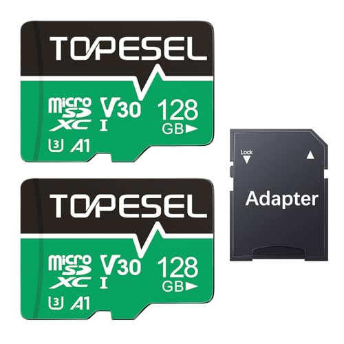 TOPESEL 128GB Micro SD Card 2 Pack with Adapter, High Speed TF Card, Memory Card microSDXC for Camera, Smartphone, Tablet, Dash Cam, Drone, UHS-I, U3, A1, 4K UHD, V30
