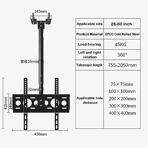 Support TV plafond pivotant 360° et inclinable pour écran suspendu VESA