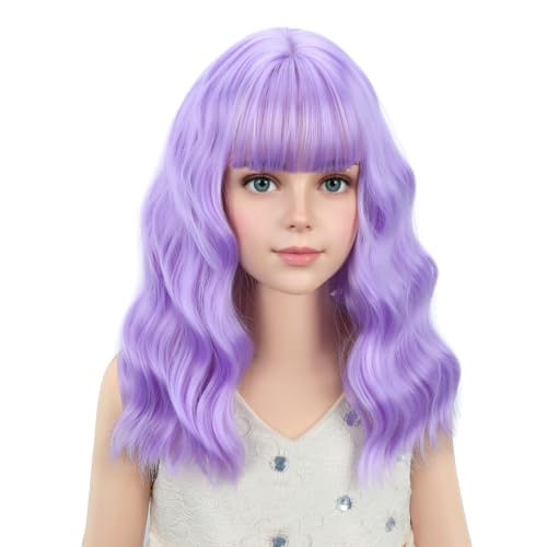 Image of PATTNIUM Girls Kids Purple Short Wavy Wig with Bangs