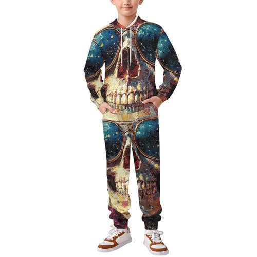 Boys Girls Sweatshirt Set Kid 2 Piece Pullover Hoodie Jogger Sweatpants, Funny Skull Hippie