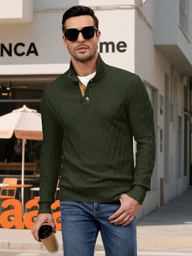 Auxo Men's Cable Knit Pullover Sweaters Casual Long Sleeve Stand Collar Quarter Button Knitted Sweater2