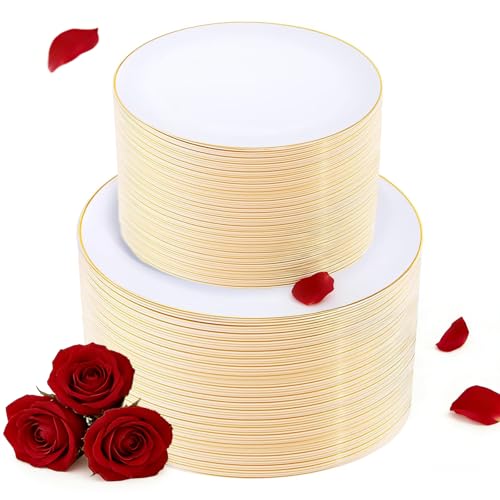 KIRE 200PCS Gold Plastic Plates - Disposable Plates for Party - White Plastic Plates with Gold Rim Include 100 for Dinner and 100 for Dessert/Salad in Wedding/Valentine's Day/New Year