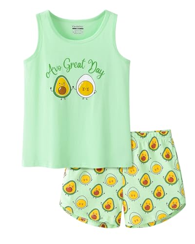 CYCHELRY Girl Sleeveless Summer Pajamas Set Cute Unicorn Tank Top and Stripe Shorts Sleepwear Soft Teen PJS Set Size 6-16