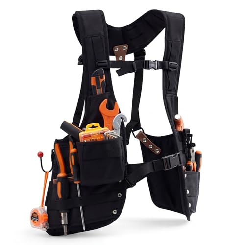 SilTriangle 1 Pack Tool Vest with Leather 33 Pockets with Removable Nail Pouch and Drill Holster Bag Heavy Duty Tools Belt Fully Adjustable for Men Women Electrician Construction Carpenters