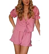 Yoawdats Women Y2K Tie Front Lounge Set Cute Puff Sleeve Plaid Peplum Shirt Ruffle Shorts 2 Piece...