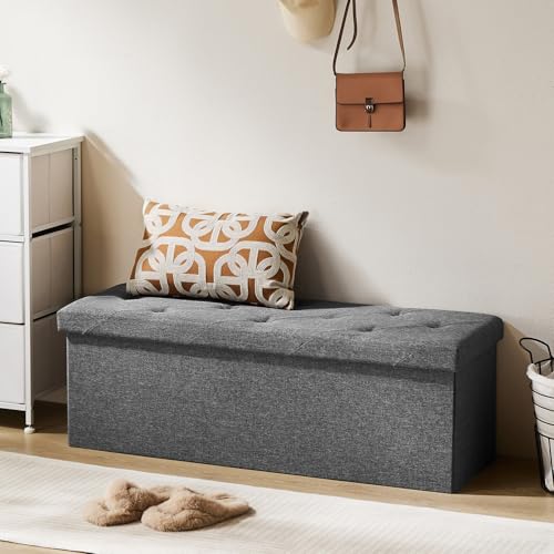 DUMOS 43in Storage Ottoman Bench, Storage Chest, End of Bed Foot Rest Stool with Padded Seat, Bedroom Bench for Living Room, Support 660lbs, Grey