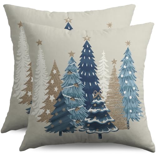 Sivirary Winter Christmas Pillow Covers 18x18 Inch Set of 2 Brown Blue Xmas Tree Decorative Throw Pillowcases Outdoor Holiday Seasonal Farmhouse Cushion Cases Decor for Sofa Couch Bed