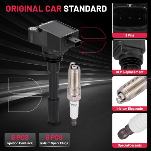 Image of BDFHYK 6 Ignition Coil Pack UF827 and 6 Iridium Spark Plug 95927 Compatible with Edge Explorer F-150 Police Interceptor Utility, Compatible with Lincoln Aviator Nautilus Coil for JT4Z12029A KT4Z12029A