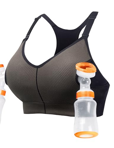 Image of HOFISH Pumping Bra Hands Free Support Nursing Bras for Breastfeeding Padded Maternity Sports Bra Wearable Breast Pump Bra Black/Cameo L