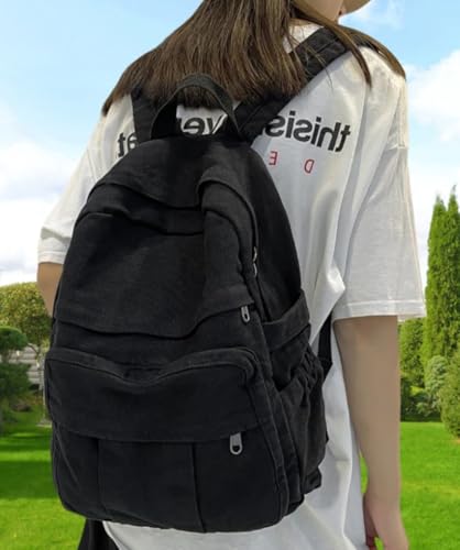 Image of Black Canvas Backpack for Women & Men Retro Aesthetic Rucksack Basic Backpack for High School /College Students Travel Laptop Bag