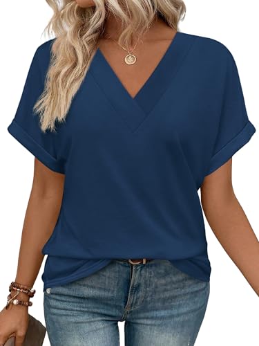 WIHOLL Womens Tops Tunic Plus Size 2025 Summer Spring Trendy Short Sleeve Shirts V Neck Flowy Blouses Navy Blue 2XL