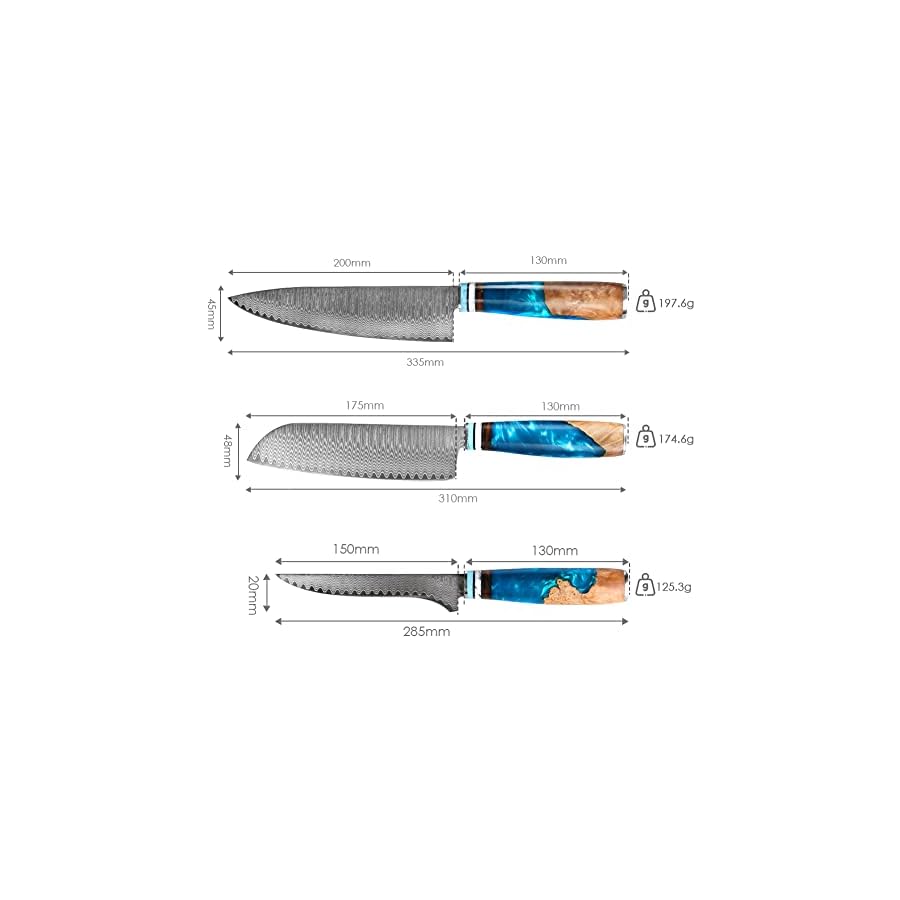 KEENZO Damascus Chef Knife set 3 pcs, Professional Kitchen knife set, Sharp 8" Chef Knife & 7" Santoku Knife & 6" Boning knife. Hand-forged Damascus cooking knife set. Ergonomic handle with Gift box