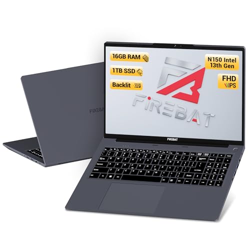 FIREBAT Laptop Student Notebook, Intel 13th Gen Quad Core N150 3.6GHz, 15.6in IPS FHD, 16GB RAM 1TB SSD, Webcam, Backlit Keyboard, Touchpad, Student/Business/Light-Games/Home Laptop Computer【AT15】