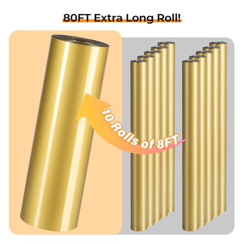 Image of HTVRONT Heat Tranfer Vinyl Roll - 12 inch x 80ft Gold HTV Vinyl for T Shirts, Iron on Vinyl Compatible with Cricut Cutting Machine - Easy to Use for Personalized Gifts (Gold)