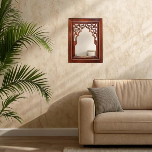 Image of Antique Black Hand Carved Wooden Jharokha Wall Mirror Frame for Home & Bedroom Decor - Traditional Arch Design (12x9 Inch) (Antique Brown)