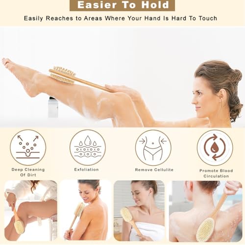 Image of Tony Stark 2-in-1 Long Handle Body Brush | Exfoliating & Massaging Bath Brush | Helps Reduce Cellulite | Boosts Blood Circulation | Gently Removes Dead Skin Cells | Natural Soft Bristles - 1 Piece