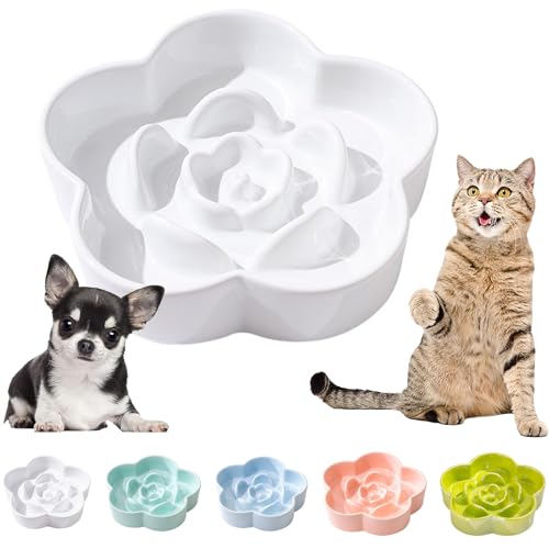 陶器 早食い防止 食器 犬 猫 早食い防止 食器 小型犬 中型犬 【電子レンジ&食器洗浄機対応】【梅の花の凹凸設計】【滑り止】早食い防止 犬 餌入れ 防止吐き戻し 早食い防止 犬 餌皿 可愛い 早食い防止 犬 フードボウル 早食い防止 犬 ご飯皿 (ホワイ