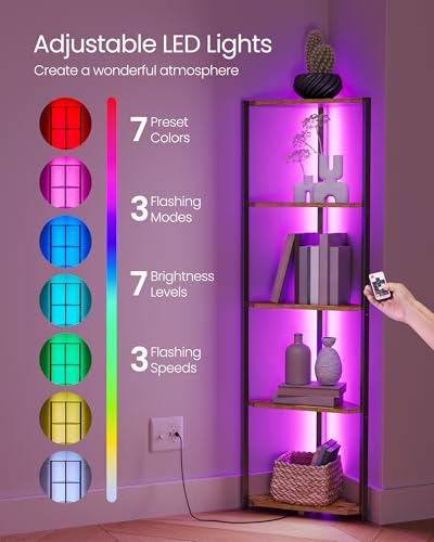 Image of VASAGLE Corner Shelf Stand with LED Lights, 5-Tier Bookshelf, Steel | Corner bookshelf storage shelf, 9.8 x 18.9 x 57.7 Inches, Rustic Brown, for Living Room, Bedroom, Study, ULBC590K01
