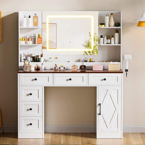 COMHOMA Makeup Vanity Desk with Mirror and Lights, Large Vanity Table with 6 Drawers & 1 Storage Cabinet, White Bedroom Dresser Table for Girls, 3 Color Modes Adjustable Mirror, Antique Brown