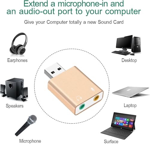 Image of SANCY USB External Sound Card Adapter - 3.5mm TRS Audio Interface for Headphones & Microphone Plug & Play USB Audio Adapter for PC, Laptop, Mac Gold (1-Pack)