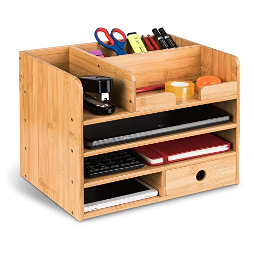 HEIMWERT Organizador de escritorio de madera de bambú - Mucho espacio en el escritorio sin buscar - 33 x 26 x 24 gran organizador de oficina con cajón para bolígrafos y estante A4 para cartas Cover
