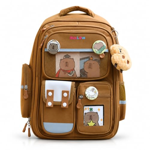 MaaLove Kids School Backpack for Boys & Girls | Ergonomic Padded Back & Shoulder Support | Lightweight School Bag with Multiple Compartments | Cute Cartoon Design (Brown)