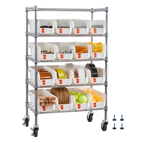 VEVOR Estantería de Almacenamiento con Ruedas, 5 Niveles, 16 Compartimentos Organizadores Pequeños de Polipropileno, para Garaje, Almacén, Oficina, Restaurante, Aula y Cocina, 610 x 355 x 1065 mm
