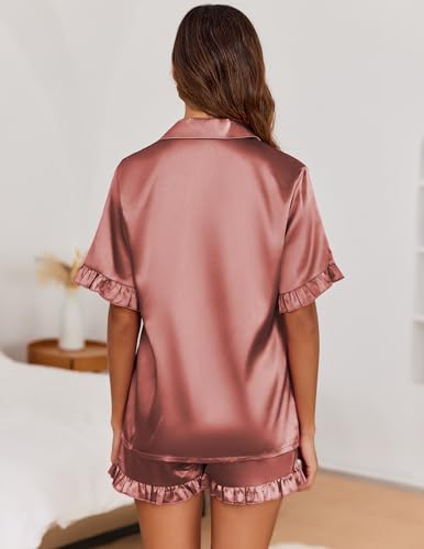 Image of Ekouaer Satin Pajama Set for Women 2 Piece Pj Sets Short Sleeve Sleepwear | Super Soft Silky Summer Loungewear Set with Ruffle Short Sleeve Top and Pocket Shorts, Casual Travel Daily Gift
