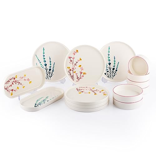 Piatti Naturali Geschirrset 6 Personen zum Frühstück – 14 teiliges Teller Set, Tafelservice, Kombiservice, Kuchenteller, Spülmaschinenfest - Flowers