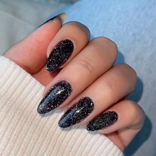 Modelones 32Pcs Sparkle Black Press on Nails Almond, Fall Halloween Glitter Short Almond Fake Nails, Reusable Nail Kit with Nail Glue Adhesive Tabs Mini Nail File, Nails Press Ons 16 Sizes