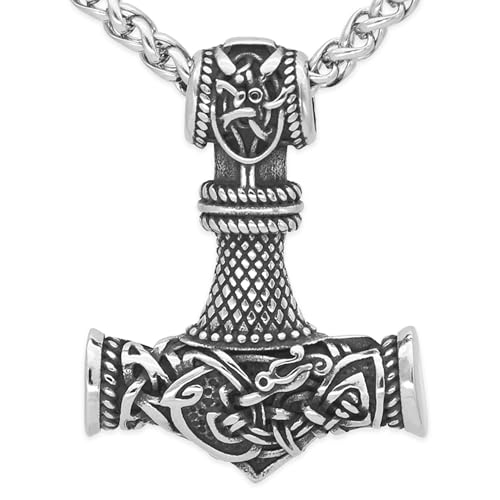 JUZICHEN Martillo De Thor, Cadena Plata Hombre, Colgante Martillo Thor, Cadena Runas Vikingas Amuletos De Proteccion Hacha Vikinga, Vikingos Collar Plata Oro Negro, 60 Cm