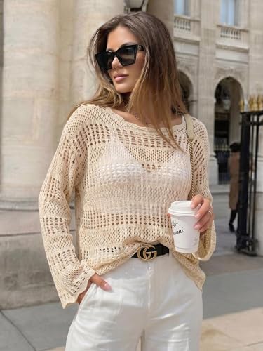 Image of Vivilli Women's Long Sleeve Sweaters Knit Summer Crochet Beach Cover Up Top | Off Shoulder Lightweight Sweater - Hollow Out Mesh Boho Tops - Loose Fit Swimsuit Coverup - Casual Vacation Resort Beach Wear