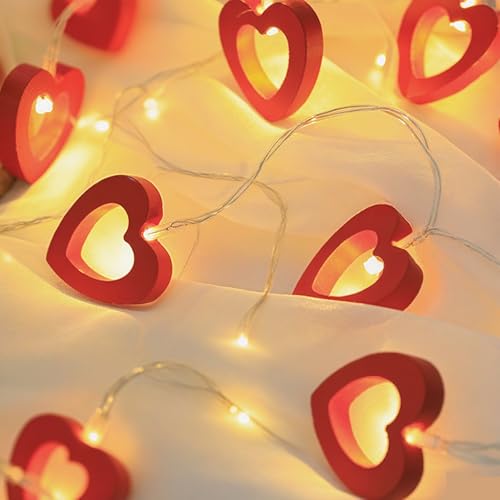 Satiskid Warm White Wooden Heart String Lights, 3m 20 LED Battery Powered Fairy Lights for Valentine's Day Wedding Mother's Day Anniversary Decor, Indoor Decorative String Lights (Red)