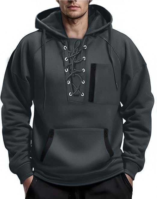 Men's Hoodies tactical hoodie Men Lace Up Sweatshirts Slim Fit Athletic Pullover Outdoor Long Hoodie with Pocket - Image 3