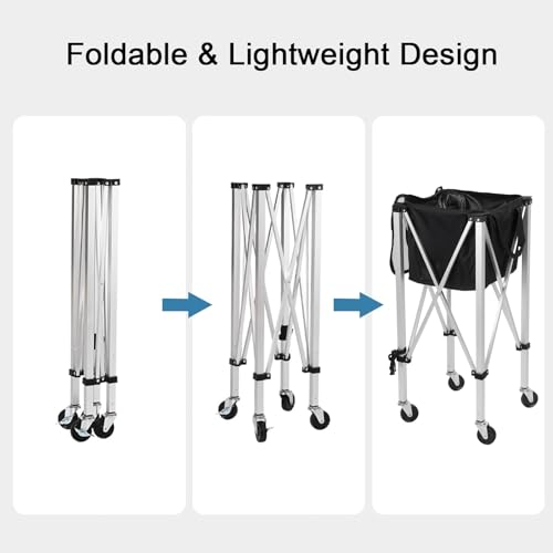 diowewea Foldable Tennis Ball Hopper, 160 Ball Capacity Tennis Ball Basket with Removable Bag and Wheels, Lightweight Aluminum Pickleball Hopper, Multi-Sport Ball Cart for Tennis (Black)