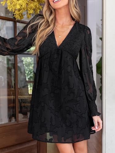 CUPSHE Women's Mini Fall Dress V Neck Long Sleeves Lace Smocked Casual Short A Line Wedding Guest Dress4