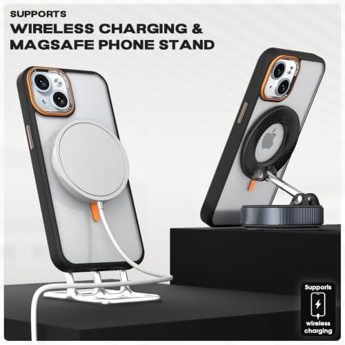 Image of Pikkme Back Cover for iPhone 15 Plus | Shockproof | Mag-Safe Compatible | Hard Transparent Back | Premium Raised Camera Protection | Bumper Case (Black & Orange Mag-Safe)