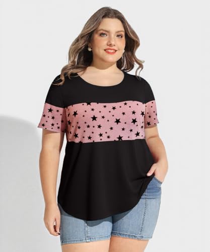 Image of CARCOS Plus Size Tops for Women Short Sleeve Summer Pullover Color Block Crewneck /V Neck Tee Tunic Loose Fit Tshirts XL-5XL