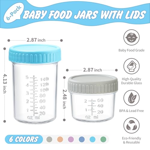 image for DRKIO 6 Pack Glass Baby Food Storage Containers - 4 & 8 oz Baby Food J