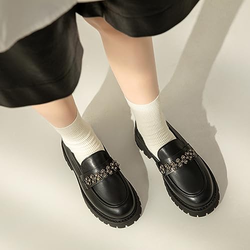 Image of Chunky Loafers Women Platform Loafers for Women Chunky Heel Lug Sole Loafers for Women Slip ons Round Toe