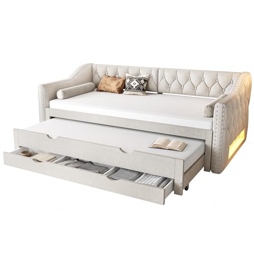 Luscriate Cama de día tapizada 90 × 200 con iluminación LED, cama nido y 3 cajones – Sofá cama moderno con espacio de almacenamiento para dormitorio, habitación de invitados y dormitorio juvenil - imagen 5