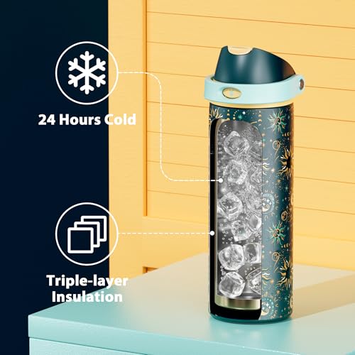 Image of 24 oz Insulated Water Bottle with Straw: Meoky Stainless Steel Metal Water Bottle with 2-in-1 Lid - Leak Proof, Cold for 24 Hours, Protective Silicone Base, BPA-Free for Sports Travel Car, Tarot