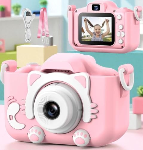 Câmera Digital Infantil, Design de Gatinho, Recarregável, Com Tela LCD, Jogos e Vídeo HD – Presente Criativo para Crianças | Antichoque, Fácil de Usar (Rosa) e Alça Fotos em Alta Resolução