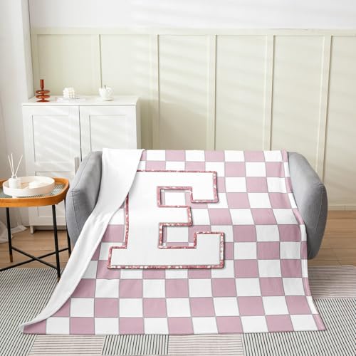 Image of Erosebridal Pink Initial E Fleece Blanket Queen 90 inchx90 inch Kawaii Plaid Checkered Flannel Blanket Cute Personalized Monogram Fuzzy Plush Throw for Kids Girls,Fashion Grids Gingham Decor for Bed Couch