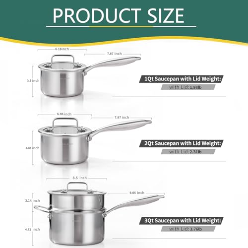 Image of DELARLO Kitchen Pot Set, Tri-Ply Stainless Steel Saucepan Set, 1.0QT 2QT 3.5QT, Cooking Set, Fast Even Heat, Saucepan set Compatible with all Cooktops 600℉(Lids 300℉)3.5QT Pot with a Steamer