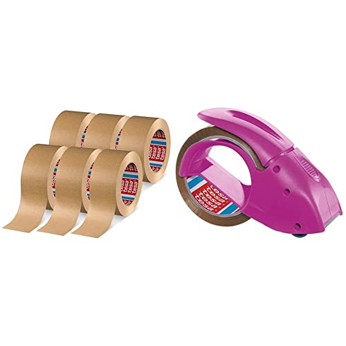 tesapack 4713 Paketband im 6er Pack - Papier Klebeband - braun - 6 Rollen je 50 m x 50 mm & tesapack Abroller Pack' n' Go - Ergonomischer, pinker Handabroller - Inklusive 50 m x 48 mm Klebeband