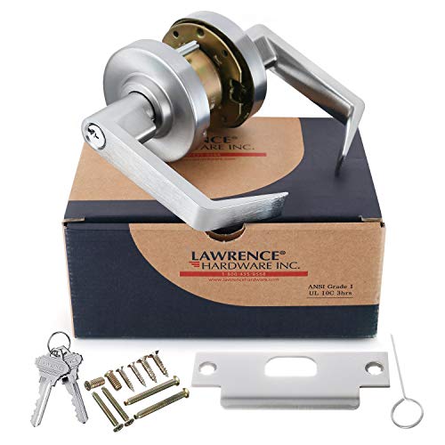 Lawrence Commercial Classroom Lock Door Handle - Grade 1 Chrome Finished Entry Door Lever with Cylindrical Lockset - Extra Heavy Duty Hardware, Easy Installation - Ergonomic Lever for School, Office