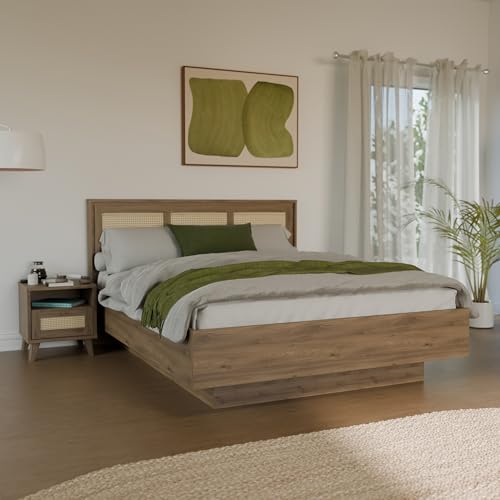 Forte GLENKEEN Bett, Liegefläche 160 x 200 cm, Bettgestell im Bohostil mit Rattangeflecht, Stauraum, Holzwerkstoff, Valencia Eiche...